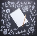 Drawings on the chalkboard on the new academic year, fall, school supplies, drawn around a notebook with a pencil, place text, Royalty Free Stock Photo