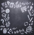 Drawings on the chalkboard on the new academic year, fall, school supplies ,place text,frame Royalty Free Stock Photo