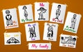 Drawings in the children s room. Family and pets. Portrait of parents, the child made. Vector illustrations.