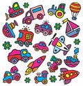 Drawings in a children's style of transport