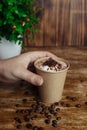 Drawings On Coffee. Male And Female Cappuccino Decoration. Hot Drink In A Paper Cup. Picture Of A Chocolate Mountain And Japanese