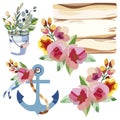 1365 elements, drawings of flowers, wooden signboards, anchors and buckets with flowers, vector illustration, isolate on a white b