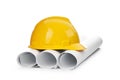 Drawings and hard hat isolated Royalty Free Stock Photo