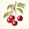 drawings of Red cherries with stems and leaves on white background. generative ai Royalty Free Stock Photo