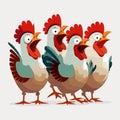 Drawings of screaming cartoon roosters with red combs on a colored background. For your design or logo