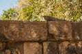 Drawings of skull on the stone of the Maya.The texture of the stone. Anicent Maya mayan pyramid El Castillo Kukulkan in Chichen-It Royalty Free Stock Photo