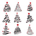 Drawn abstract 9 piece Christmas tree with decorations on a white background - Vector