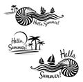 Drawn animal shellfish nautilus, tentacles, sea waves, yachts, palms, sun.