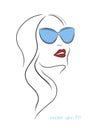 Drawn beautiful girl with glasses.Stylish fashionable woman.Red lips.Line art-Vector illustration