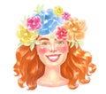 Drawn beautiful red-haired smiling girl with a wreath of flowers on her head Royalty Free Stock Photo