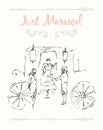 Drawn bride groom carriage vector sketch Royalty Free Stock Photo