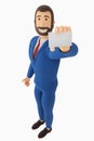 A drawn cartoon businessman is holding a business card. 3D rendering Royalty Free Stock Photo