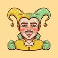 Drawn cartoon clown in a yellow and green hat with bells. Medieval jester, joker.