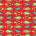 Drawn cartoon fish seamless pattern, vintage abstract vector background. Multicolored in a row on red , repeating element. For t Royalty Free Stock Photo