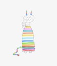 Drawn cartoon striped cat with a bow on the neck isolated on a white background. Color rainbow coloring.