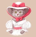 Drawn cat in dress and hat. portrait in the style of the 19th century, in a retro style. Funny cute cat in clothes