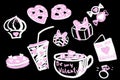 drawn in chalk on a black background set of cute gifts. pattern of cute things for valentine\'s day