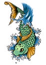 Drawn chinese fish swimming in the water