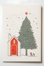 Drawn Christmas tree, house and squeak on a white card. Christmas card as a symbol of remembrance of the birth of the savior