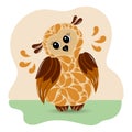 Drawn cute beige owl with feathers on a gentle background. Postcard, baby print vector