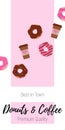 Drawn cute donuts and cups of coffee on a delicious pink background. Perfect for a cafe and pastry shop, bakery shop Royalty Free Stock Photo