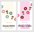 Drawn cute donuts and cups of coffee on a delicious pink and milky background. Perfect for a cafe and pastry shop, bakery shop Royalty Free Stock Photo
