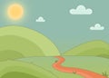 Drawn cartoon landscape with hills, footpath, sun and cute clouds. Fairy landscape background illustration