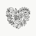 Drawn decorative plant heart. Sketch of a heart shape made from leaves, branches are drawn with a line inks. Heart