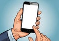 A drawn depiction of hands interacting with a smartphone. The Royalty Free Stock Photo