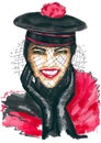 And-drawn fashion illustration of a smiling girl with read lipstick, , and black hat with red pompom and black veil Royalty Free Stock Photo