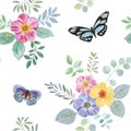 Drawn flowers and butterflies on a white background.Seamless watercolor flowers pattern. Flowers and leaves. Hand painted color. F Royalty Free Stock Photo