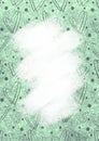 Drawn green watercolor background with hearts, dots and brushstrokes.Template for letter or greeting card.