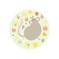 Drawn by hand grey rat illustration on green background. Vector mouse doodle sketch with plant elements. Decorative autumn design Royalty Free Stock Photo