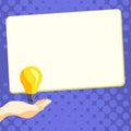 Drawn Hand holding yellow bulb. Important message written on white textholder. Main information in cropped speech bubble Royalty Free Stock Photo