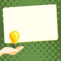 Drawn Hand holding yellow bulb. Important message written on white textholder. Main information in cropped speech bubble Royalty Free Stock Photo