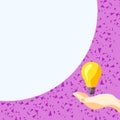 Drawn Hand holding yellow bulb. Important message written on white textholder. Main information in cropped speech bubble Royalty Free Stock Photo