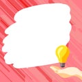 Drawn Hand holding yellow bulb. Important message written on white textholder. Main information in cropped speech bubble Royalty Free Stock Photo