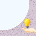 Drawn Hand holding yellow bulb. Important message written on white textholder. Main information in cropped speech bubble Royalty Free Stock Photo