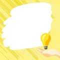 Drawn Hand holding yellow bulb. Important message written on white textholder. Main information in cropped speech bubble Royalty Free Stock Photo