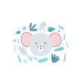 Drawn by hand mouse head with plant elements on white background. Doodle rat vector illustration. Childish designs for decoration Royalty Free Stock Photo