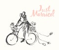 Drawn happy bride groom bicycle vector sketch Royalty Free Stock Photo