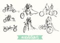 Drawn happy bride groom bicycle vector sketch Royalty Free Stock Photo