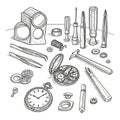 Drawn illustration depicting watchmaking tools and component Royalty Free Stock Photo