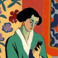 drawn illustration of a girl sitting watching the mobile phone in a meditation and thinking position Royalty Free Stock Photo