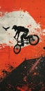 Drawn illustration. Silhouette of rider executing high jump off ramp against bold, bright orange backdrop Royalty Free Stock Photo