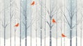 Drawn illustration of snowy birches with birds as banner Royalty Free Stock Photo