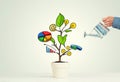 Drawn income tree in white pot for business investment savings and making money