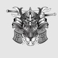 Hand drawn Japanase design samurai tiger helmet knight head artwork black and white