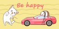 Drawn kawaii cat is hauling a pink sport car