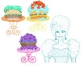 Drawn lady and chocolate cakes on the different tables